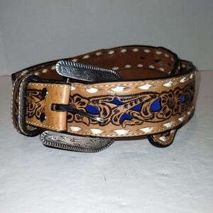 Nocona Western Mens Belt Leather Floral Tooled Laced Blue Inlay Tan N2498727 38